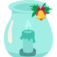 Christmas Candle Lantern, Holly and Bell Decoration Vector Illustration