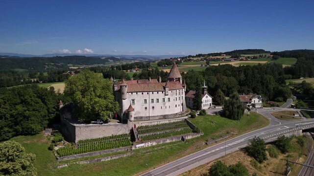 Castle Oron Vaud, Switzerland Ch&acirc;teau d'Oron aerial drone landscape historical landmark