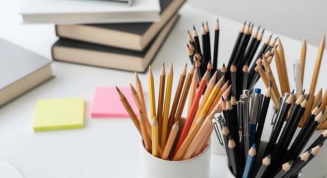 A collection of pencils, pens, and books on a white desk, ready for work or study.