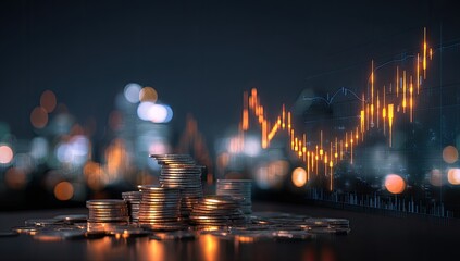 Stacked coins with financial chart overlay
