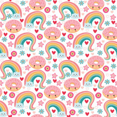 Cute Kawaii background with sweet dessert Donuts, rainbow, flowers.