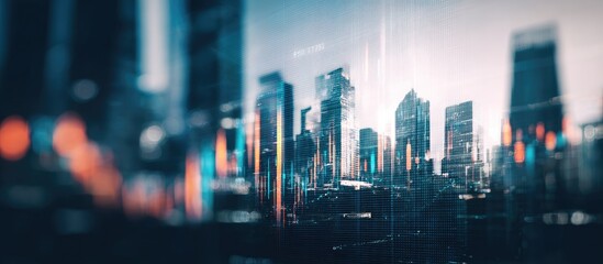 Futuristic city skyline with overlaid data streams