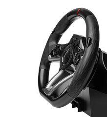 Realistic black gaming steering wheel controller with multiple buttons and ergonomic grip isolated on white background.