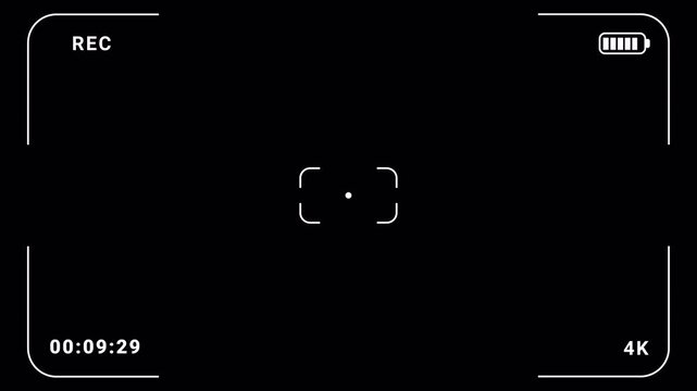 Video camera recorder screen overlay on a transparent background, 4K camcorder interface for video cameras with alpha channel, Camera recording screen interface with 15 second timer.