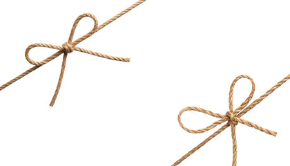 An isolated brown rope with a tight knot and loop is tied on a white background
