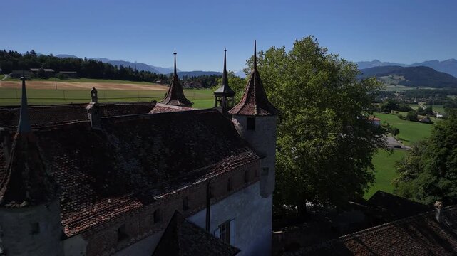 Oron Castle medieval building aerial drone Switzerland landmark Swiss heritage site