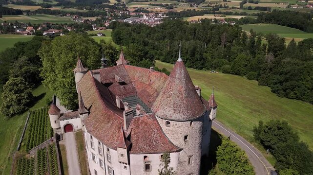 Ch&acirc;teau d'Oron Oron medieval castle building aerial drone Switzerland landmark Swiss heritage site