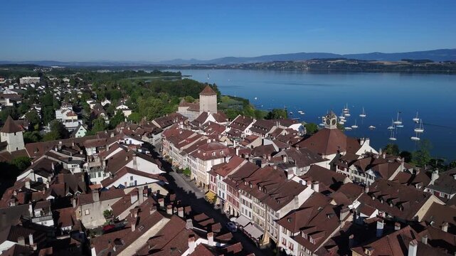 Fribourg region medieval old town Murten lake Morat Switzerland landmark aerial drone