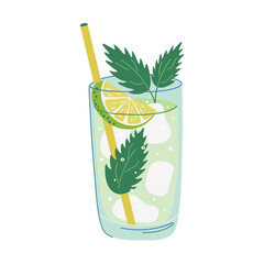 Refreshing Mojito Cocktail with lime, mint, and ice. Glass with beverage and straw. Cool Summer lemonade or ice tea. Alcohol drink made from rum. Hand drawn flat design vector illustration. 