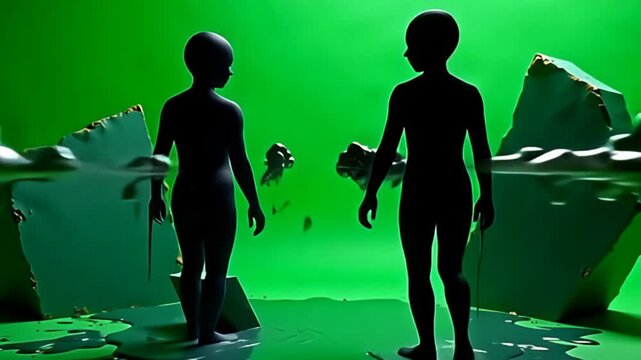 Bold, angular shapes clash dramatically on the green screen, where dripping lines forming noise hazy abstract silhouette emerge from the rigidity, softening the energy and inviting a unique
