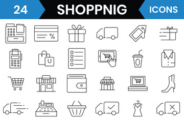 Shopping icon set. Set of 24 outline icons related to shopping, e-commerce, bag, store, delivery, costumer,  purchase, and more. Vector illustration.