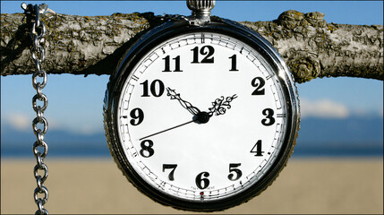 Vintage Silver Pocket Watch Detail on Tree Branch Background Beach Sand Natural Twilight Serenity Time Zone Reflections Peaceful Tranquil Old Clock Timepiece Horology Minute Hour Seconds Analog Time