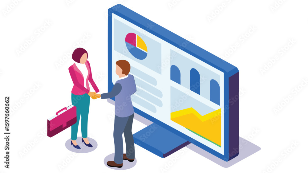 Poster isometric business meeting with handshake and data charts on a large computer screen display shown