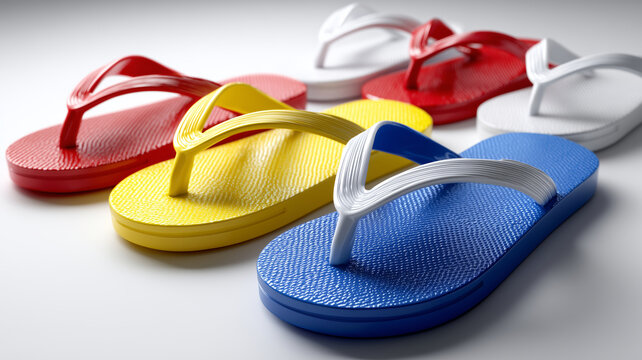 Colorful tsinelas floating on a vibrant red, blue, and yellow background