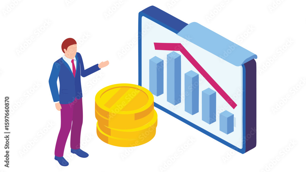 Aufkleber isometric view of a man presenting a declining graph with a stack of golden coins nearby for finance
