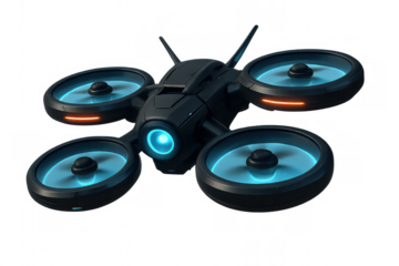 High-tech quadcopter drone featuring glowing rotors, floating weightlessly with sleek, contemporary design against clean white background