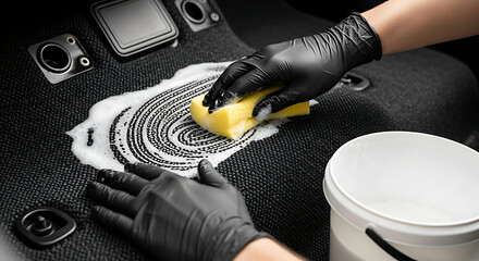 Hands in gloves cleaning car floor mats with sponge and soap