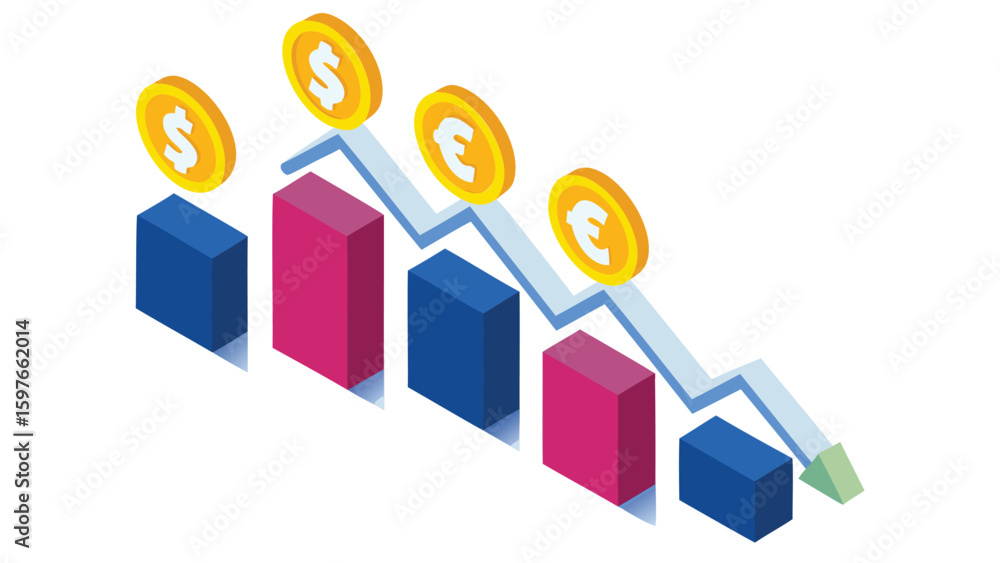 Poster isometric graph showing a downward trend with dollar and euro coins on top of the columns and line