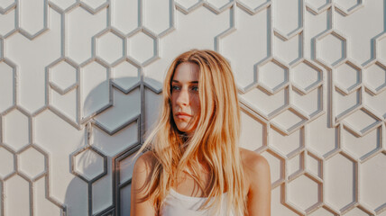 Obraz premium Blonde woman in white tank top against a patterned white wall lit by warm sunlight.