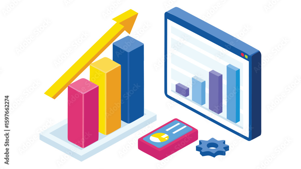 Poster isometric illustration of data analysis with bar graphs and upward trend arrow on white background