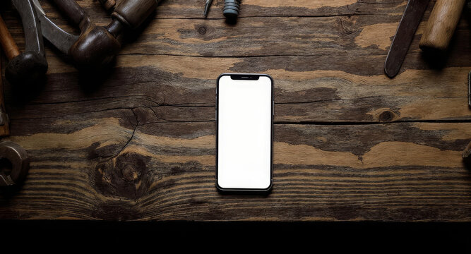 Tools surround a blank screen phone on a rustic wooden workbench ready for creative use.