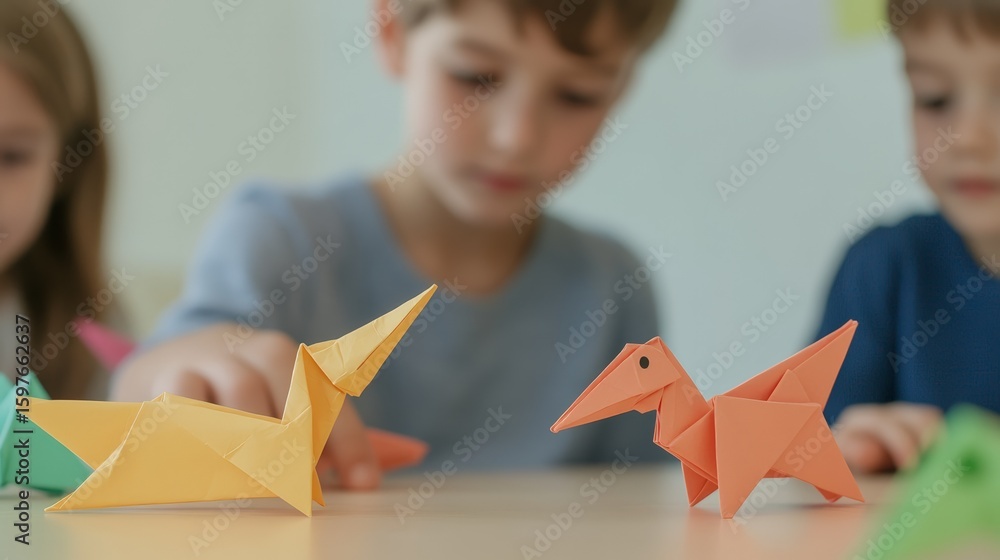 Poster elementary school students engaging in origami, creating colorful animal figures while developing fi