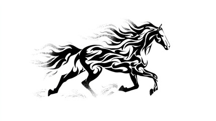 Obraz premium Stylized tribal horse made of bold black ink lines and flame shapes, symmetrical design, fire elements