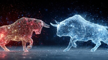 Two abstract bulls in a clash of light
