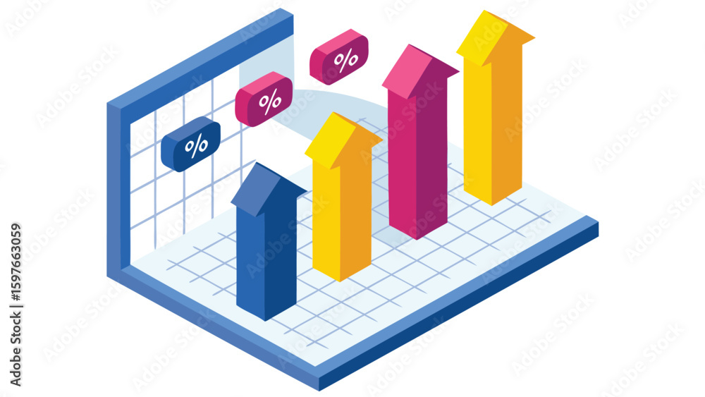 Poster isometric view of a business chart showing growth with percentage symbols and upward arrows chart
