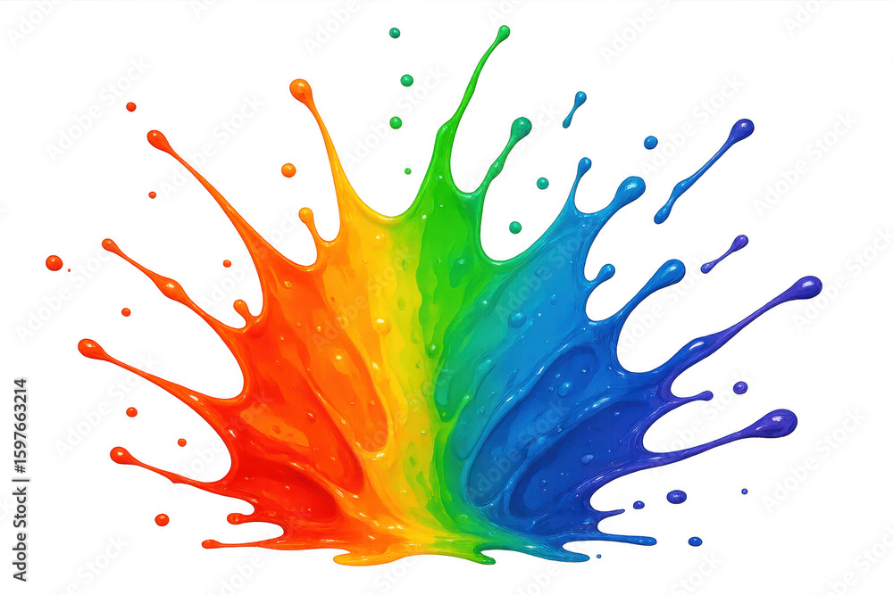 Poster vivid paint droplets bursting dynamically, splattering multicolored pigments across translucent surf