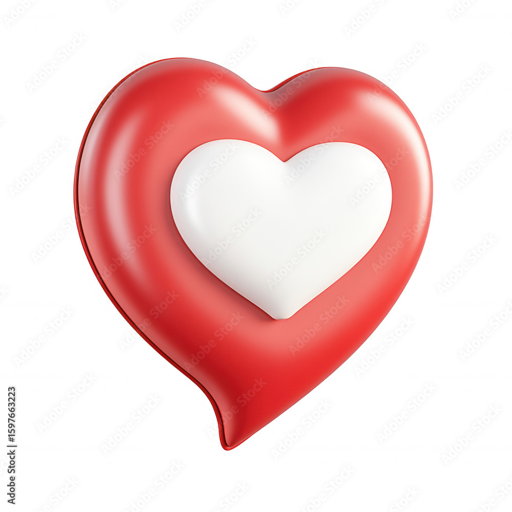 Poster white 3d communication heart floating inside red speech bubble, symbolizing emotional icon on transp