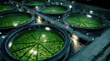 Industrial water treatment tanks at night