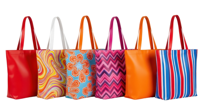 Colorful shopping bags assortment for retail sale isolated PNG with Transparent Background