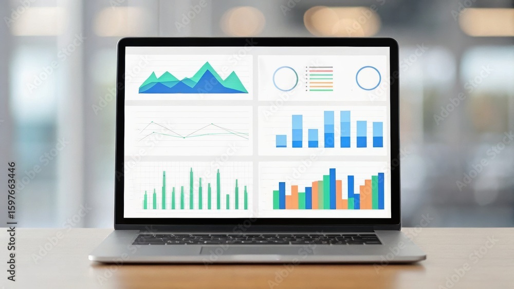 Poster laptop displaying various colorful graphs and charts on a desk, with a blurred background suggesting