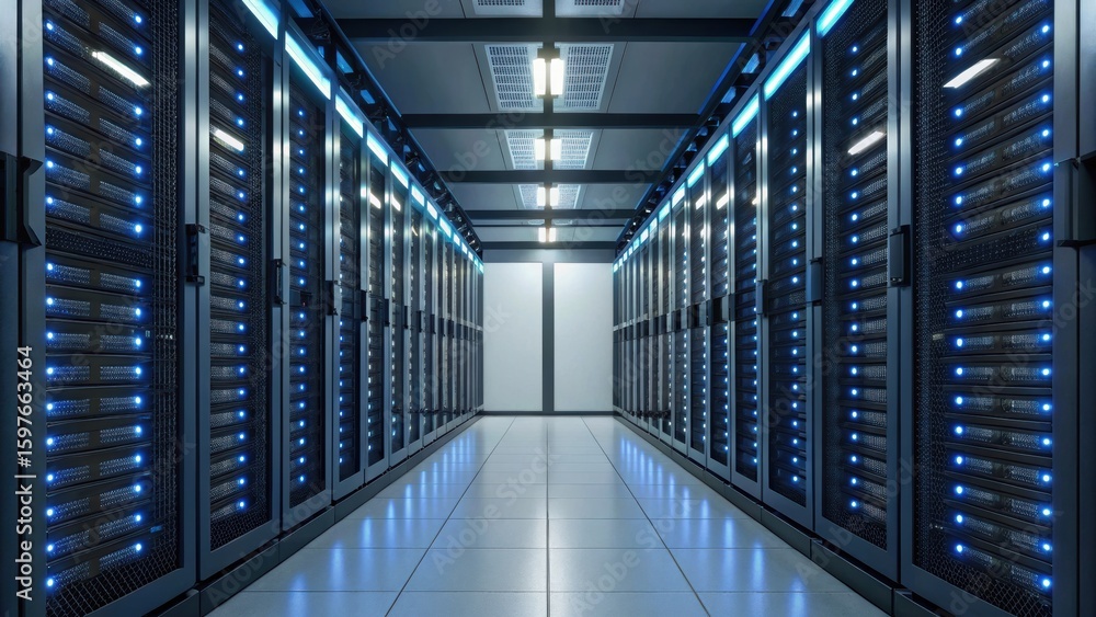 Poster modern data center corridor with rows of server racks, illuminated by led lights, showcasing advance