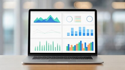 Laptop displaying various colorful graphs and charts on a desk, with a blurred background suggesting a modern work environment.
