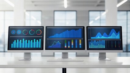 Three computer monitors displaying various data visualizations and analytics in a modern office setting, emphasizing technology and data analysis.
