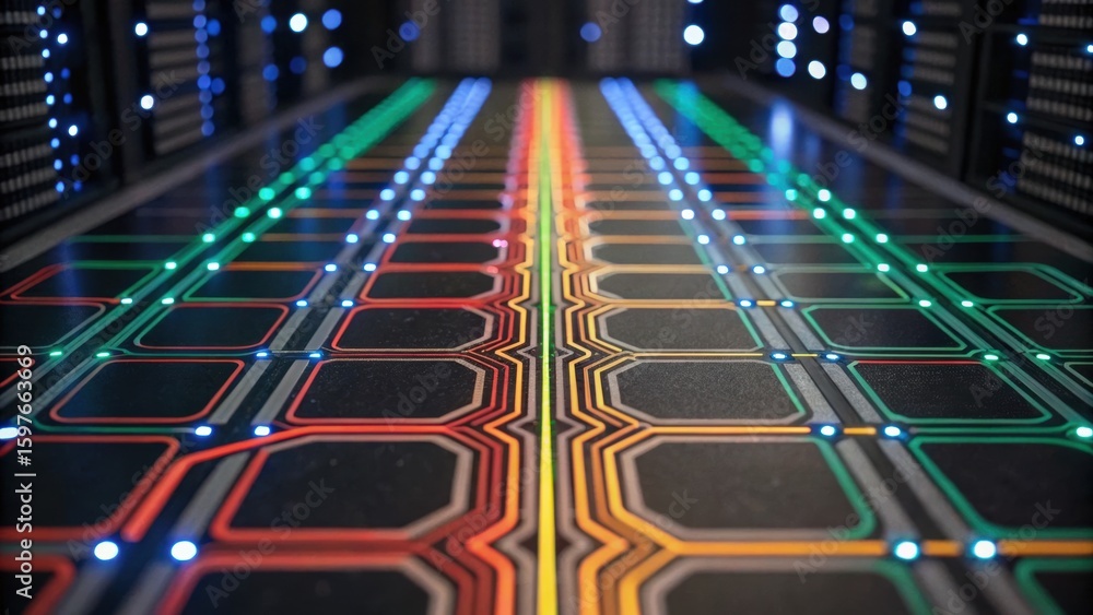 Poster futuristic circuit board with illuminated pathways in vibrant colors, showcasing technology and desi