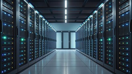 A view of a modern server room with rows of servers, illuminated by LED lights, showcasing advanced technology and data storage.