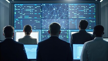 Group of professionals observing data analytics on multiple screens in a modern workspace.