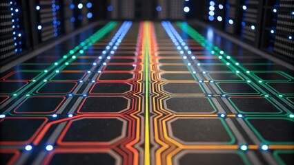 Futuristic circuit board with illuminated pathways in vibrant colors, showcasing technology and design elements.