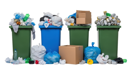 Four overflowing recycling bins with garbage isolated PNG with Transparent Background