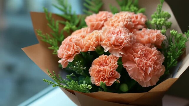 Bouquets of peach carnations surrounded by greenery on a window sill  