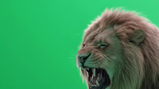 Close up of a lion roaring isolated on a green screen background