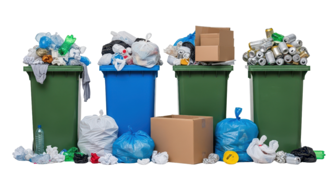 Four overflowing recycling bins with garbage isolated PNG with Transparent Background