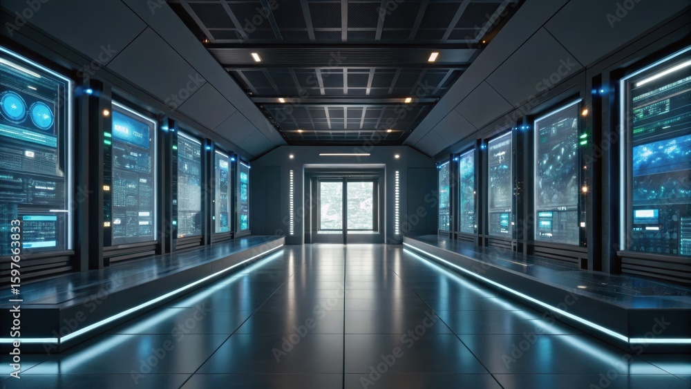 Poster futuristic corridor with illuminated panels and technological displays, creating a sci-fi atmosphere