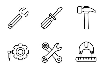 Line art collection of hand tools including wrenches and screwdriver  