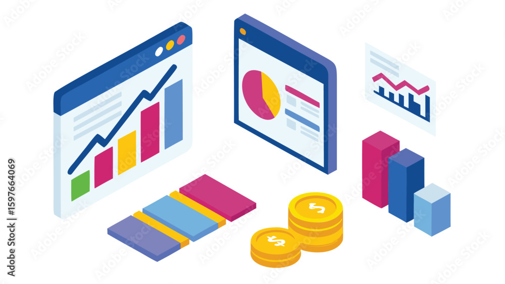Aufkleber isometric view of financial data charts with bar graphs and pie charts and stack of coins showing gr