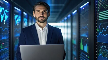 A professional man stands confidently in a high-tech server room, working on a laptop surrounded by digital displays and data analytics.