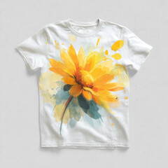 Bright floral design, artistic t shirt, yellow flower, watercolor style, casual wear, summer fashion, vibrant colors